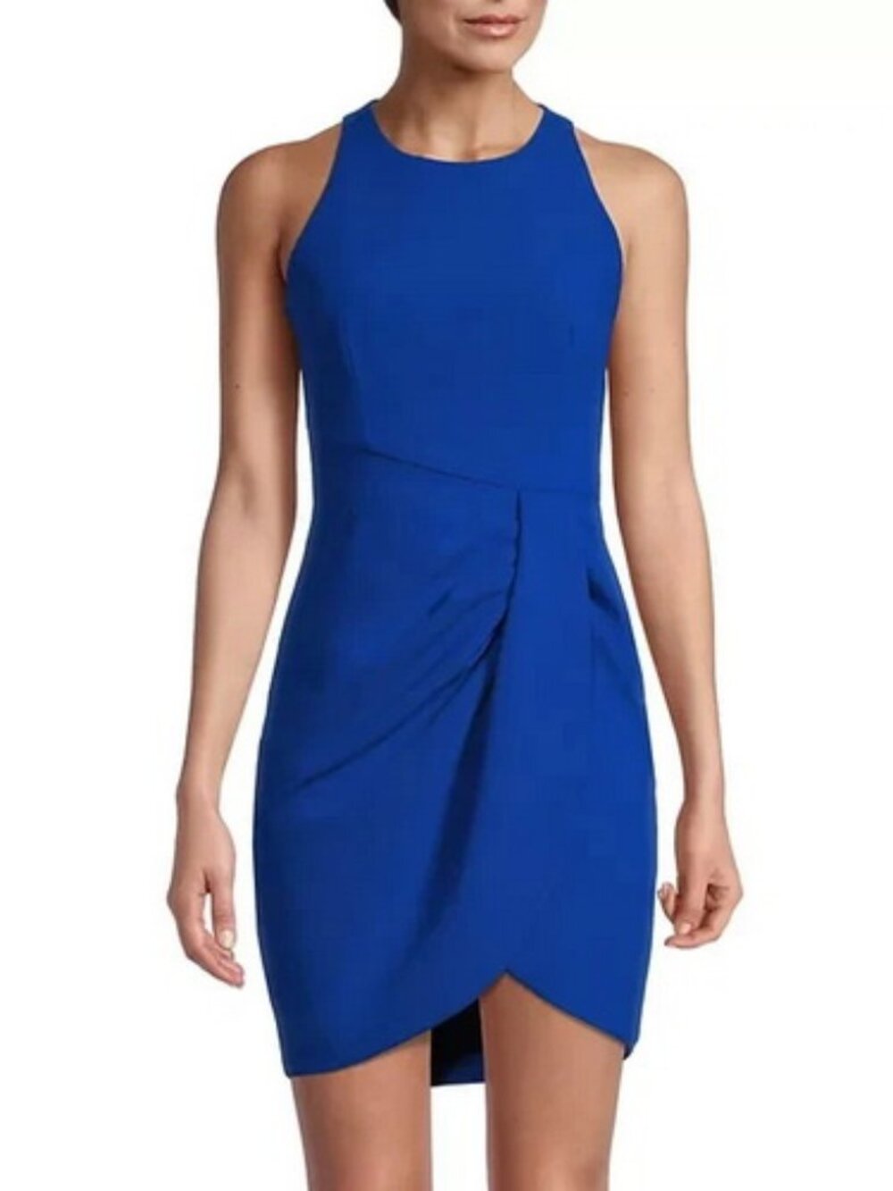 Black Halo Brett Cobalt Blue Drape Crepe Mini dress